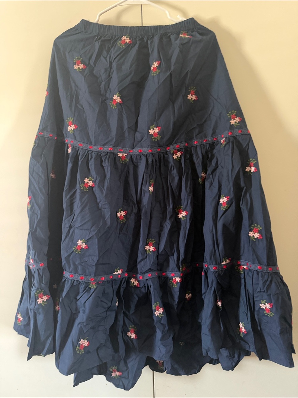 Cider Navy Tiered A-Line Skirt with Pink & White Floral Embroidery